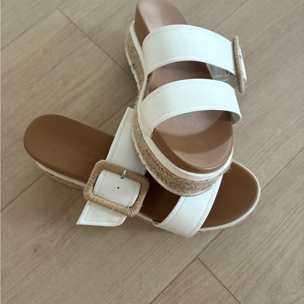 Altar'd State White Espadrille Platform Slide Sandals with Natural Buckle